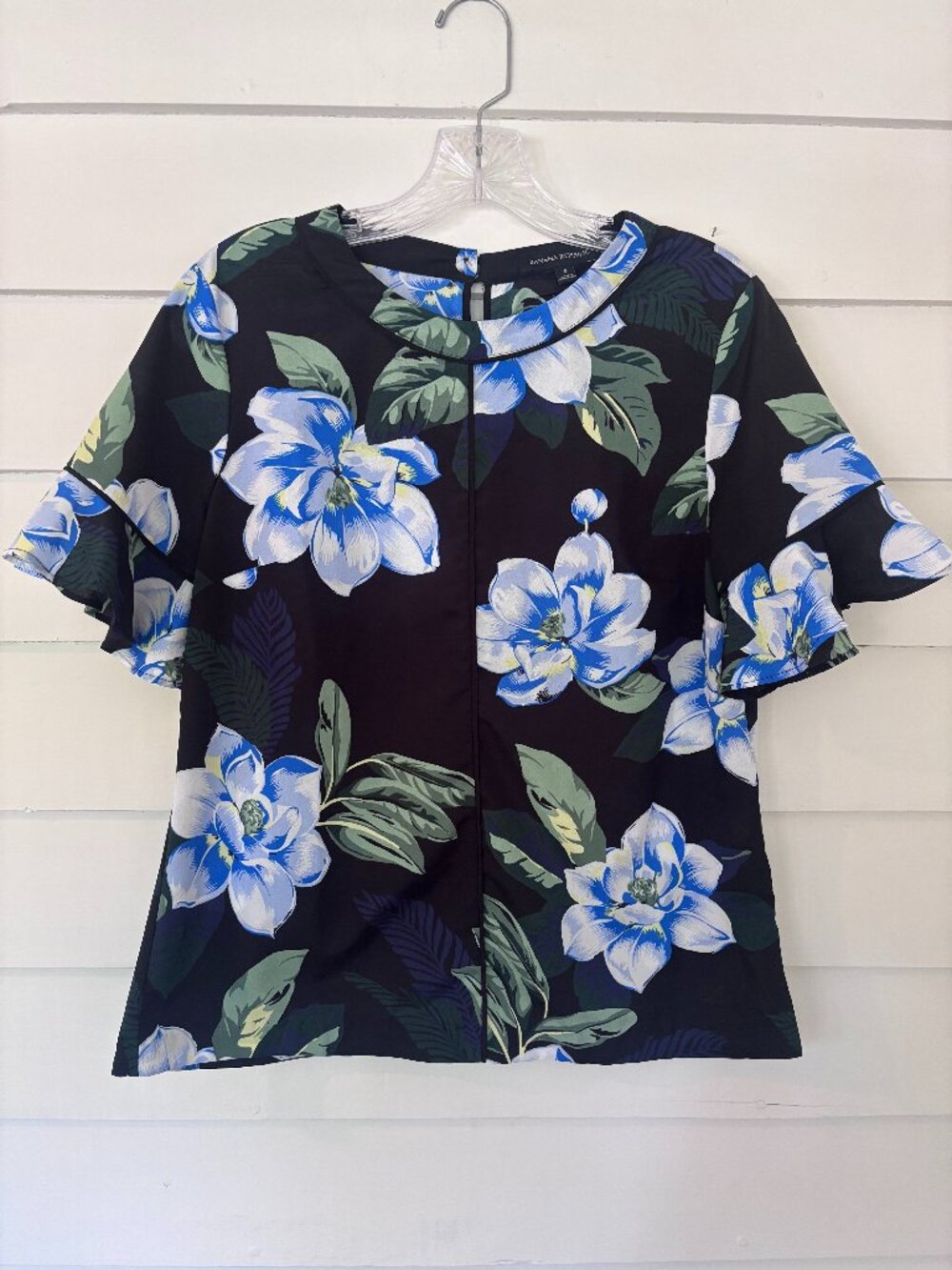 Banana Republic Black Blue Floral Ruffle Sleeve Blouse Size S